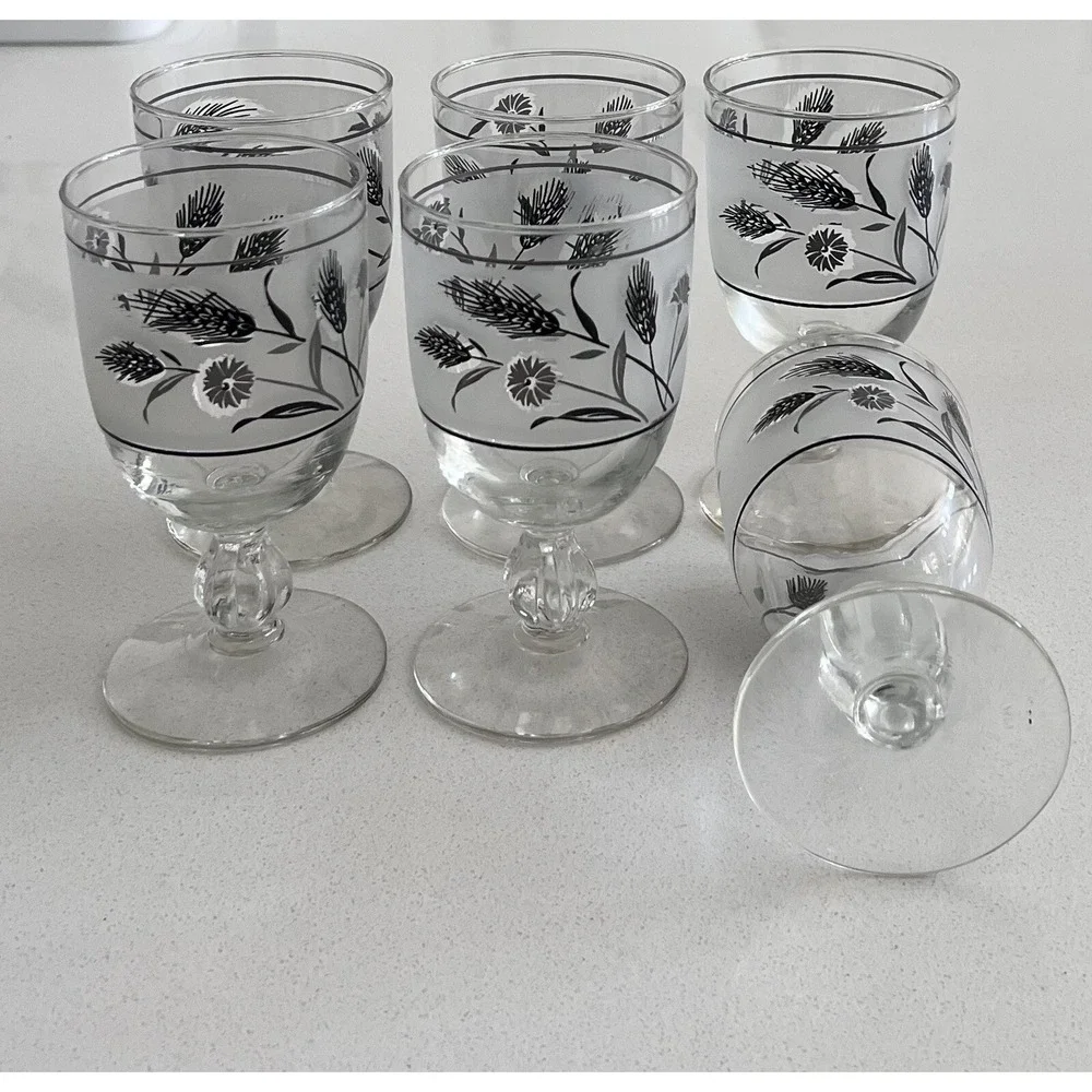 Vtg MCM Libbey Silver Wildflower & Wheat Frosted Pedestal Goblets Set Of 6